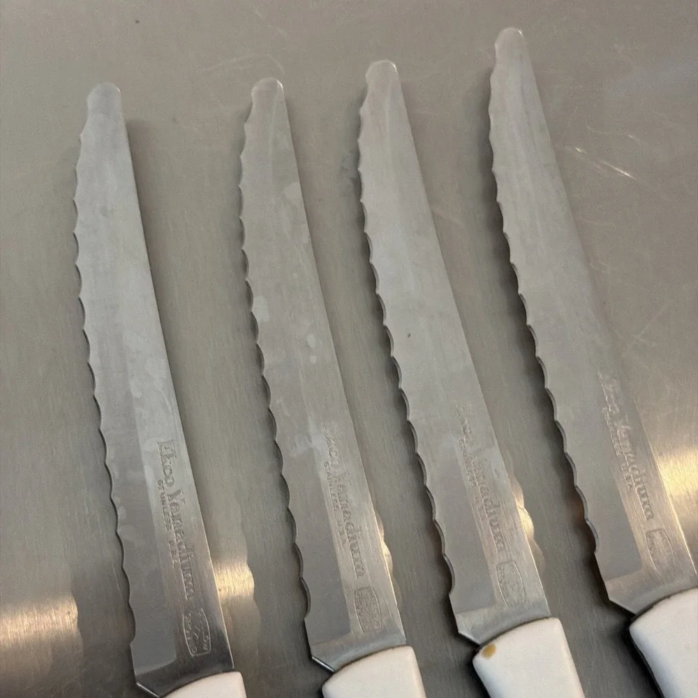 Set Of 4 Vtg Ecko Vanadium Blue Dutch Tulip Serrated Steak‎ Knives Stainless USA